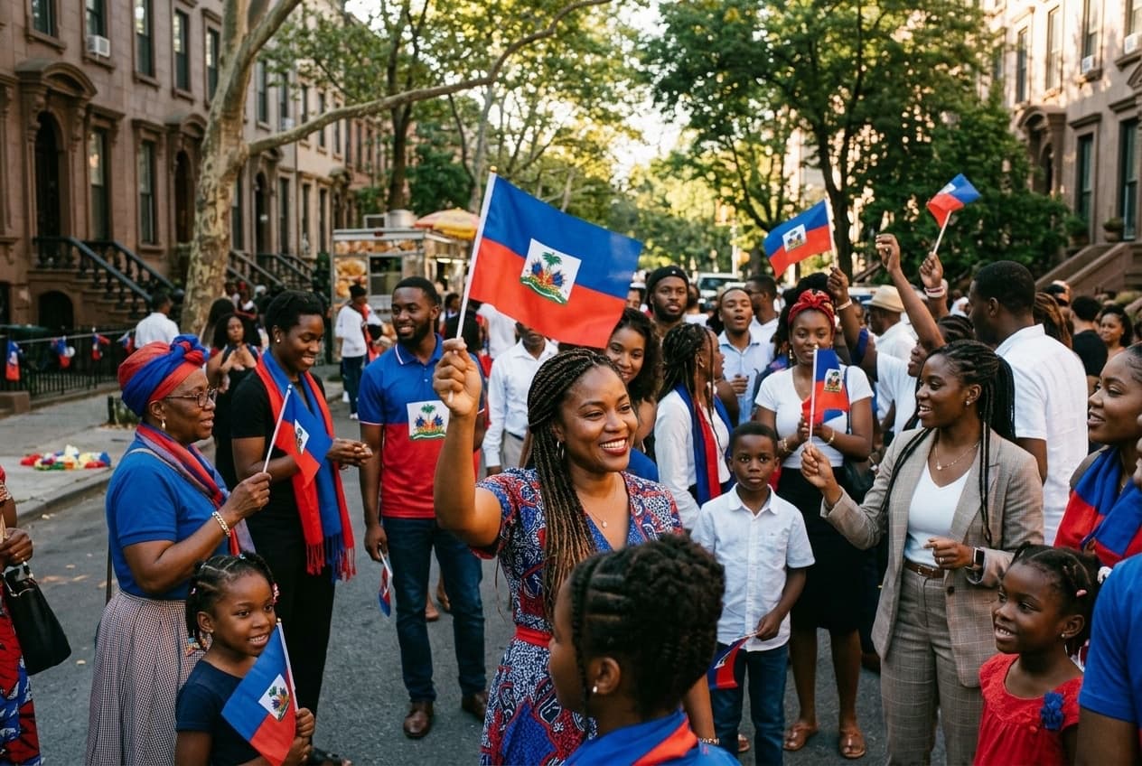 Familles et jeunes de la diaspora haïtienne agitant des drapeaux haïtiens lors d'une fête du drapeau en Amérique du Nord