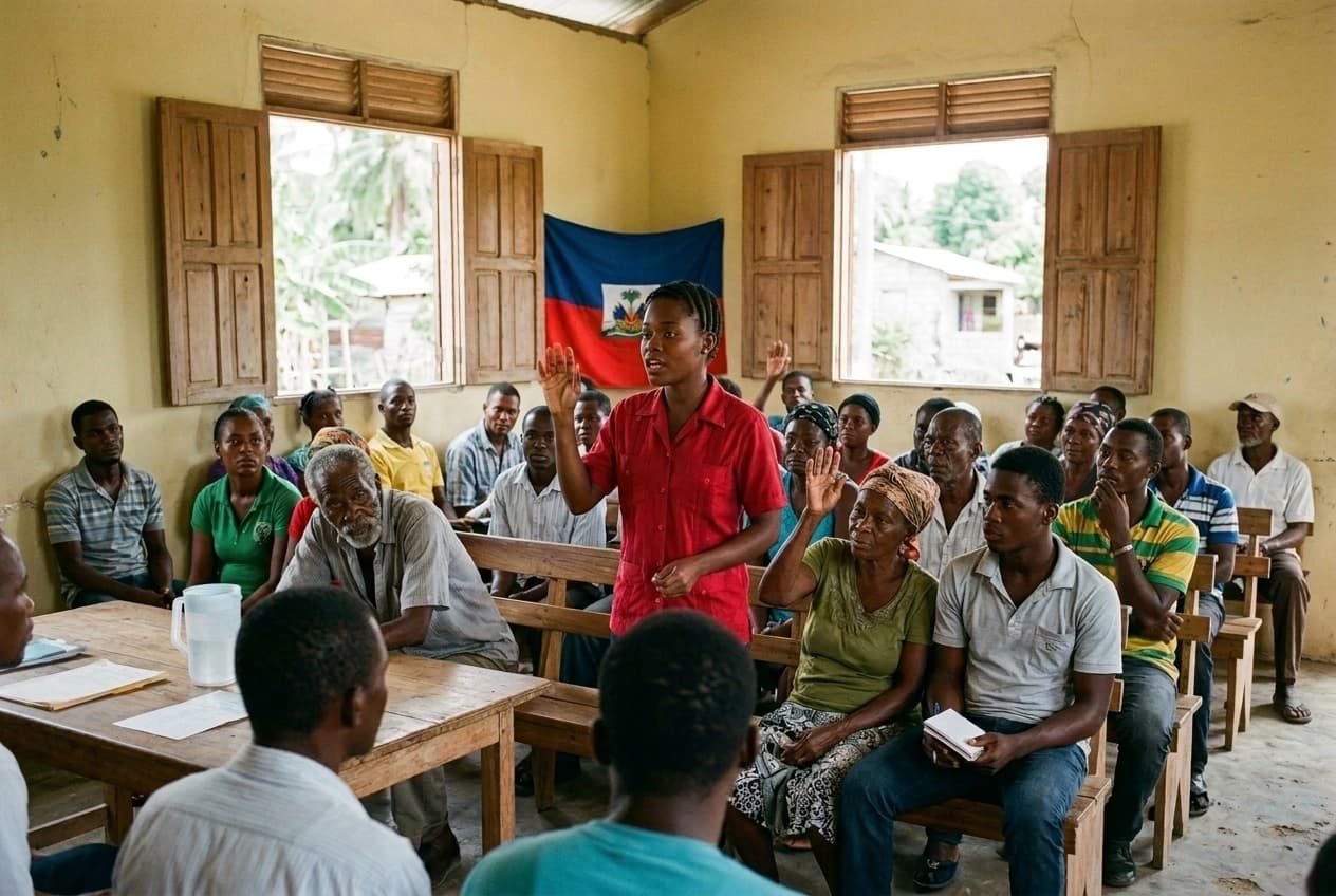 Assemblée citoyenne haïtienne réunie dans une salle communale