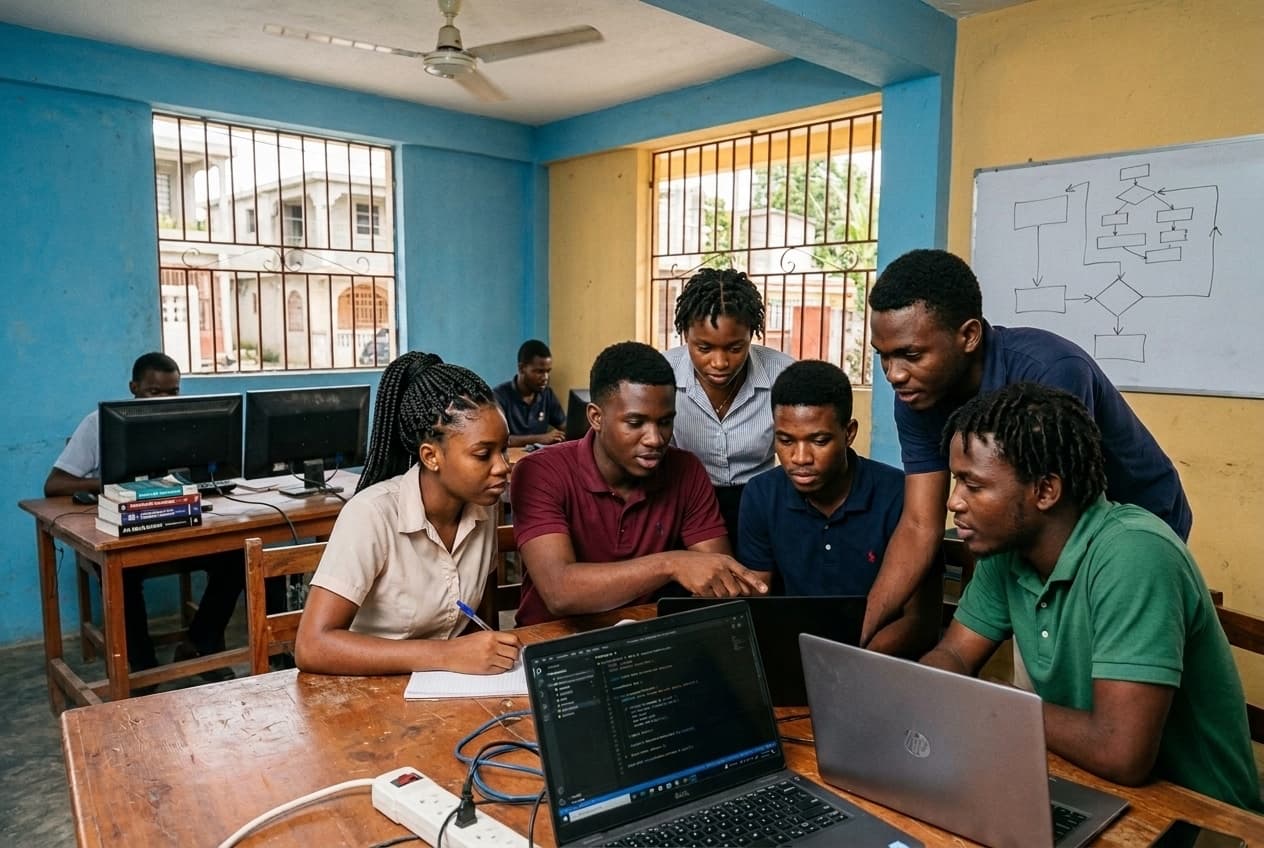 Jeunes développeurs haïtiens travaillant ensemble dans un espace technologique