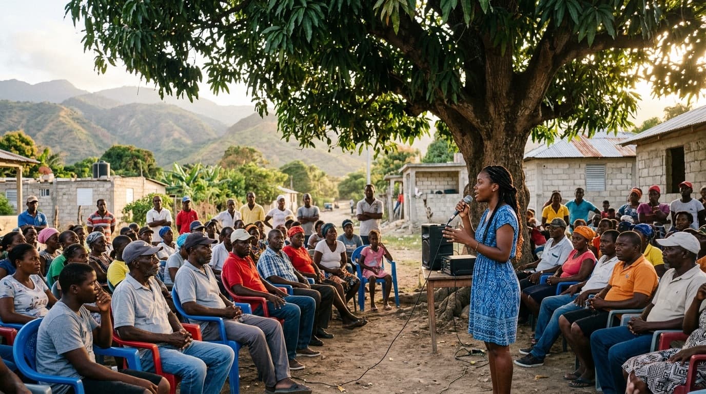Réunion communautaire en plein air sous un manguier en Haïti