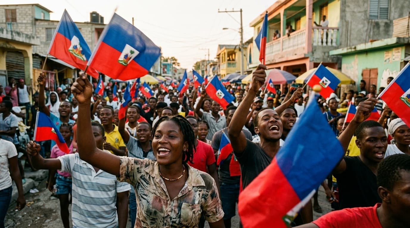 Foule de jeunes Haïtiens brandissant des drapeaux haïtiens lors d'un rassemblement à Port-au-Prince