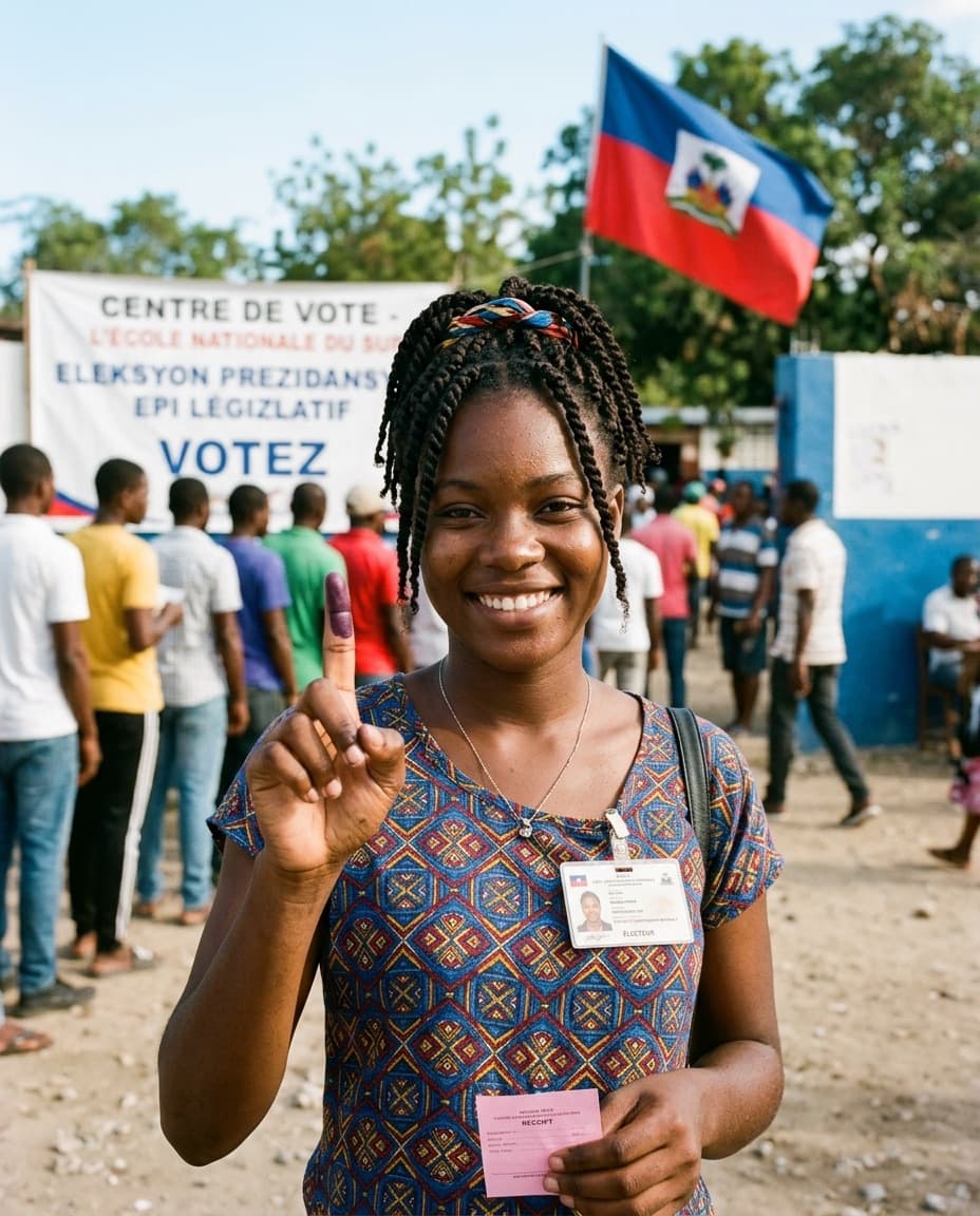 Jeune électrice haïtienne souriante montrant son pouce marqué d'encre électorale devant un centre de vote