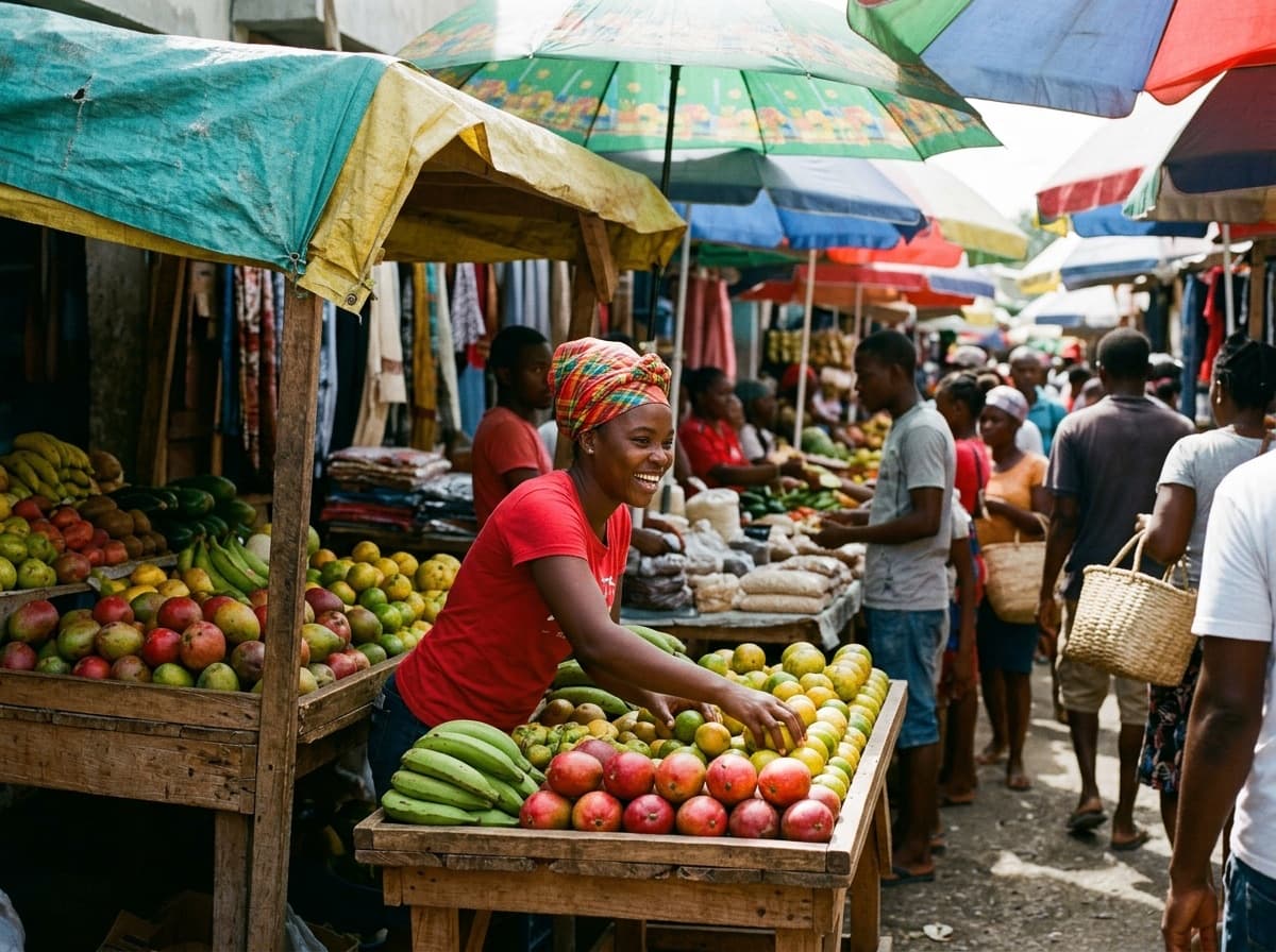 Jeune commerçante haïtienne souriante dans un marché en plein air