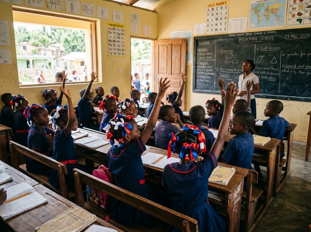 Écoliers haïtiens en uniforme levant la main dans une salle de classe