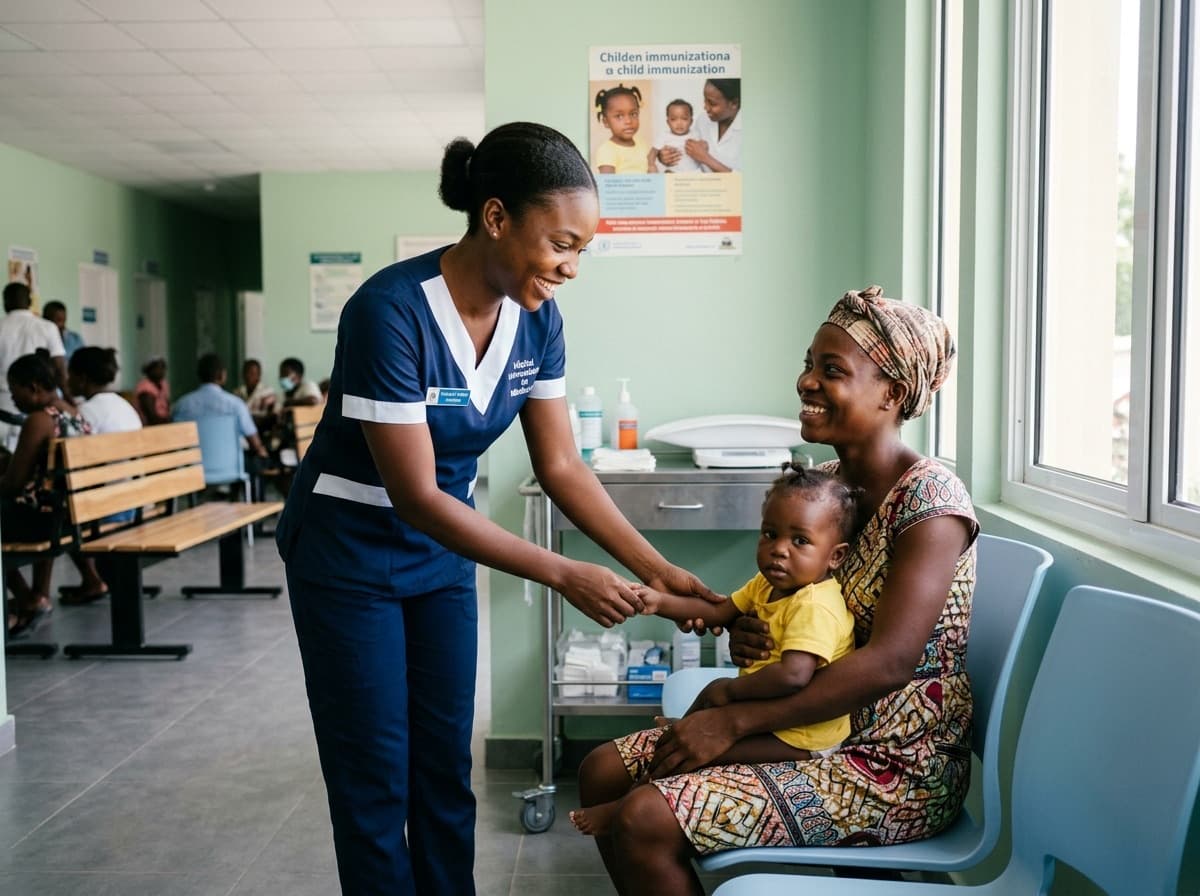 Infirmière haïtienne prenant soin d'une mère et son enfant dans une clinique